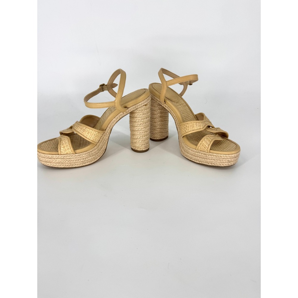Coach Raffia Leather Platform Block Heel Sandals Tan Size 8 - Picture 4 of 9